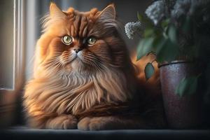 Portrait of a funny beautiful red fluffy cat in the interior, pets photography photo