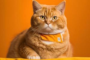 retrato retrato de un gato escocés Derecho con un bandera en patas en un naranja antecedentes fotografía foto