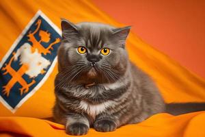 Portrait Portrait of a cat Scottish Straight with a banner in paws on a orange background photography photo