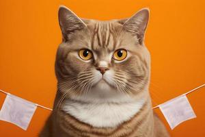 Portrait Portrait of a cat Scottish Straight with a banner in paws on a orange background photography photo