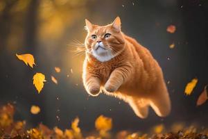 retrato gracioso rojo gato volador en el aire en otoño fotografía foto