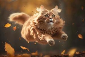 retrato gracioso rojo gato volador en el aire en otoño fotografía foto