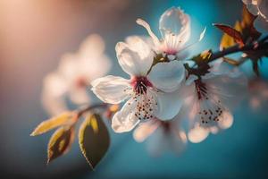 Photos Branches of blossoming cherry macro with soft focus on gentle light blue sky background in sunlight with copy space. Beautiful floral image of spring nature, photography