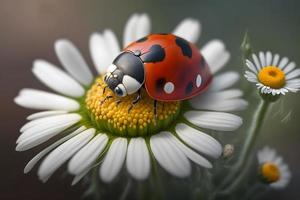 photo red ladybug on camomile flower, ladybird creeps on stem of plant in spring in garden in summer, photography