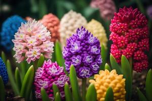 foto grande flor cama con multicolor jacintos, tradicional Pascua de Resurrección flores, flor fondo, Pascua de Resurrección primavera antecedentes