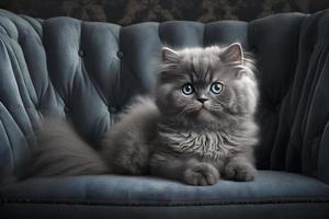 retrato hermosa pequeño gato en un gris sofá fotografía foto