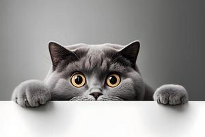 Portrait beautiful funny grey British cat peeking out from behind a white table with copy space photography photo