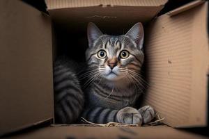 retrato linda gris atigrado gato en cartulina caja en piso a hogar fotografía foto