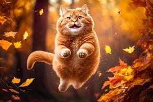 retrato gracioso rojo gato volador en el aire en otoño fotografía foto