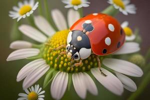 photo red ladybug on camomile flower, ladybird creeps on stem of plant in spring in garden in summer, photography