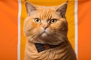 Portrait Portrait of a cat Scottish Straight with a banner in paws on a orange background photography photo