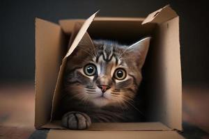 Portrait Cute grey tabby cat in cardboard box on floor at home photography photo