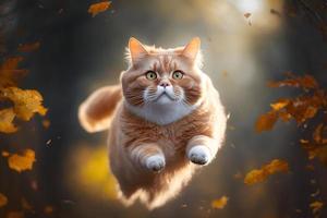 Portrait Funny red cat flying in the air in autumn photography photo