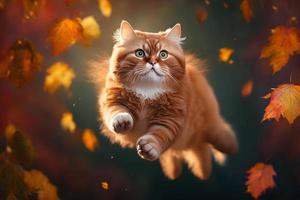 Portrait Funny red cat flying in the air in autumn photography photo