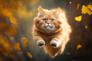 retrato gracioso rojo gato volador en el aire en otoño fotografía foto