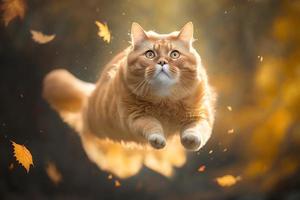 Portrait Funny red cat flying in the air in autumn photography photo