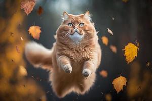 Portrait Funny red cat flying in the air in autumn photography photo