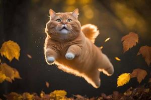 Portrait Funny red cat flying in the air in autumn photography photo