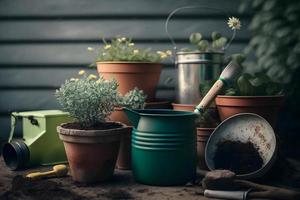 photo Gardening - Set Of Tools For Gardener And Flowerpots In Sunny Garden, photography