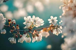 Photos Branches of blossoming cherry macro with soft focus on gentle light blue sky background in sunlight with copy space. Beautiful floral image of spring nature, photography