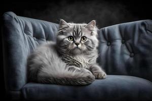 Portrait Beautiful little cat on a grey sofa photography photo