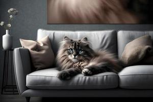 Portrait Beautiful little cat on a grey sofa photography photo