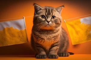 retrato retrato de un gato escocés Derecho con un bandera en patas en un naranja antecedentes fotografía foto