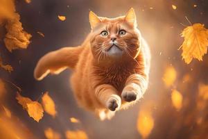 retrato gracioso rojo gato volador en el aire en otoño fotografía foto