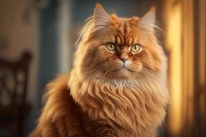 Portrait of a funny beautiful red fluffy cat in the interior, pets photography photo