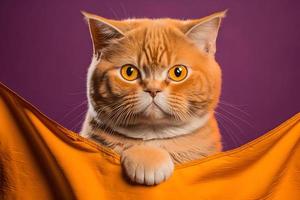 Portrait Portrait of a cat Scottish Straight with a banner in paws on a orange background photography photo