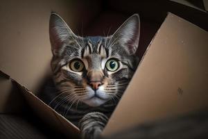 Portrait Cute grey tabby cat in cardboard box on floor at home photography photo