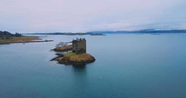 Aerial view of Castle Stalker in Scotland video