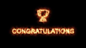 Congratulations with trophy symbol with inspiring fire effect video