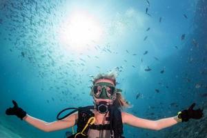 beauty blonde diver girl looking at you while swimming underwater photo