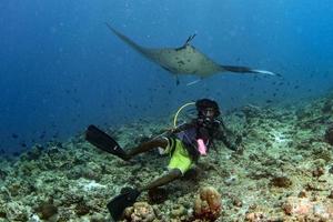 scuba diver and Manta in the blue ocean background portrait photo