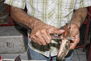 Hand of old man in the fish market detail in male maldives photo