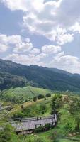 Vertikale Zeitraffer Aussicht von natürlich Winter Berg Angebot mit etwas Wolke nebel.flores tropisch Paradies. Berg Angebot unter klar Blau Himmel, Antenne Sicht. video