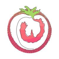 Single continuous line drawing sliced healthy organic tomato for farming logo identity. Fresh tropical vegetable concept for vegie garden icon. Swirl curl circle background style. One line draw vector