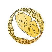 Single continuous line drawing sliced healthy organic lemon for orchard logo. Fresh zest fruitage for fruit garden icon. Swirl curl circle background style. One line draw design vector illustration