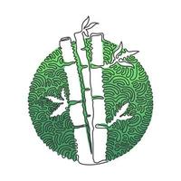 Continuous one line drawing bamboo trees for plantation logo. Fresh evergreen perennial flowering plant for plant icon. Swirl curl circle background style. Single line draw design vector illustration