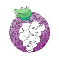 dibujo de una sola línea uvas orgánicas saludables para el logotipo del viñedo. concepto de fruitage tropical fresca para el icono de jardín de huerto de frutas. estilo del fondo del círculo del rizo del remolino. vector de diseño de dibujo de línea continua