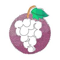 Single one line drawing healthy organic grapes for vineyard logo. Fresh tropical fruitage concept for fruit orchard garden icon. Swirl curl circle background style. Continuous line draw design vector