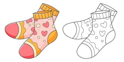 A pair of socks coloring book with coloring example for kids. Coloring page with socks. Monochrome and color version. Vector children's illustration.