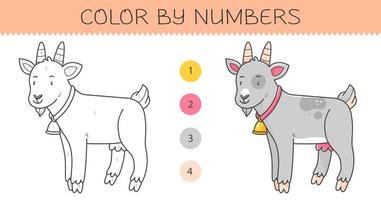 Color by numbers coloring book for kids with goat. Coloring page with cute cartoon goat with an example for coloring. Monochrome and color versions. Vector illustration.