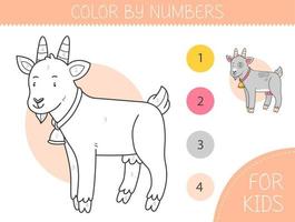 Color by numbers coloring page for kids with goat. Coloring book with cute cartoon goat with an example for coloring. Monochrome and color versions. Vector illustration.