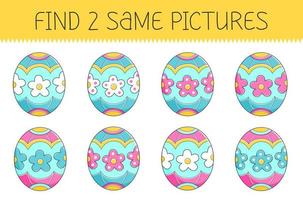 Find two some pictures is an educational game for kids with easter egg. Cute cartoon easter egg. Vector illustration.