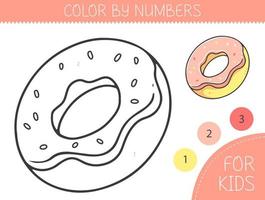 Color by numbers coloring page for kids with donut. Coloring book with cute cartoon donut with an example for coloring. Monochrome and color versions. Vector illustration.