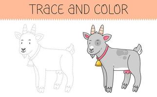 Trace and color coloring book with goat for kids. Coloring page with cartoon goat. Vector illustration.