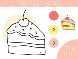 Color by numbers coloring page for kids with piece of cake. Coloring book with cute cartoon cake with an example for coloring. Monochrome and color versions. Vector illustration.