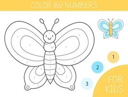 Color by numbers coloring page for kids with butterfly. Coloring book with cute cartoon butterfly with an example for coloring. Monochrome and color versions. Vector illustration.